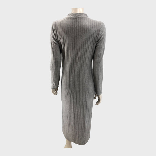 Grey Women's Ribbed High Neck Midi Dress