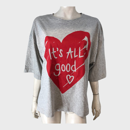 Women's Grey Heart Print Oversized T-Shirt With Motif