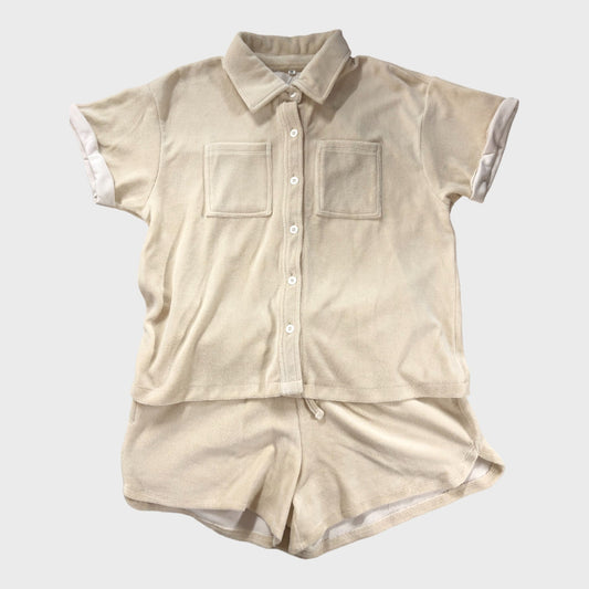 Beige Terry Cloth Cotton Shirt & Short Set