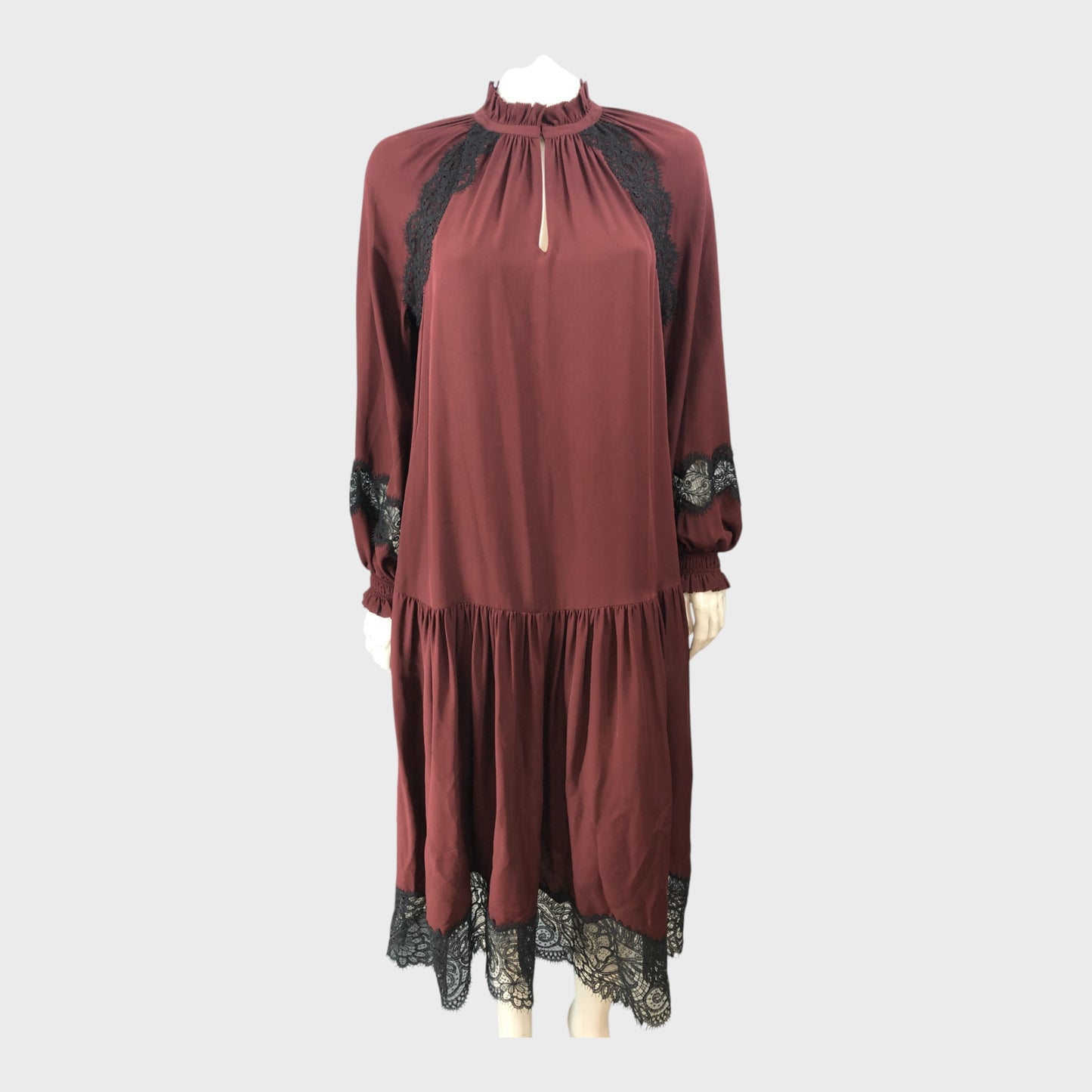 Branded Red Silk Lace Midi Dress - Size 8