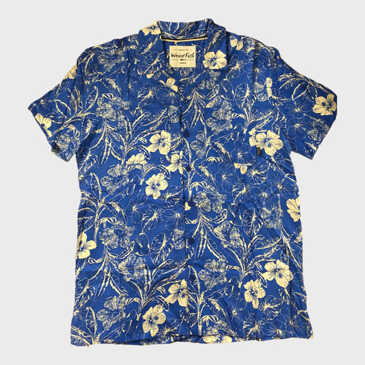 Blue and White Hibiscus Print Shirt