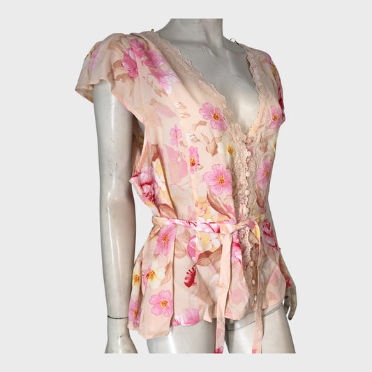 RIVER ISLAND Pink Floral Print Angel Sleeve Blouse UK22