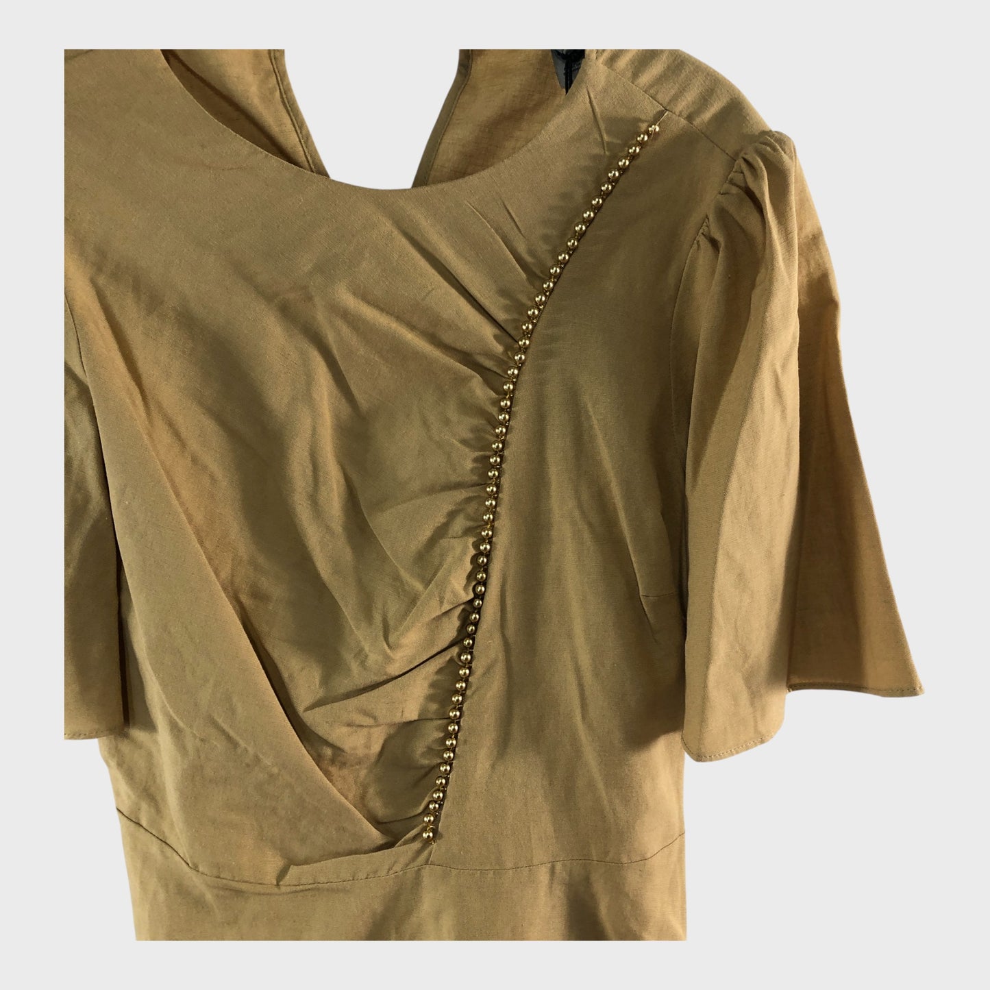 RIVER ISLAND Beige Short Sleeve Top With Gold Detailing UK 10