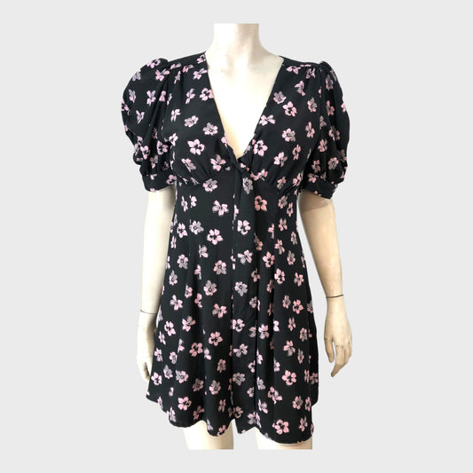 RIVER ISLAND Floral tie front swing mini dress in black