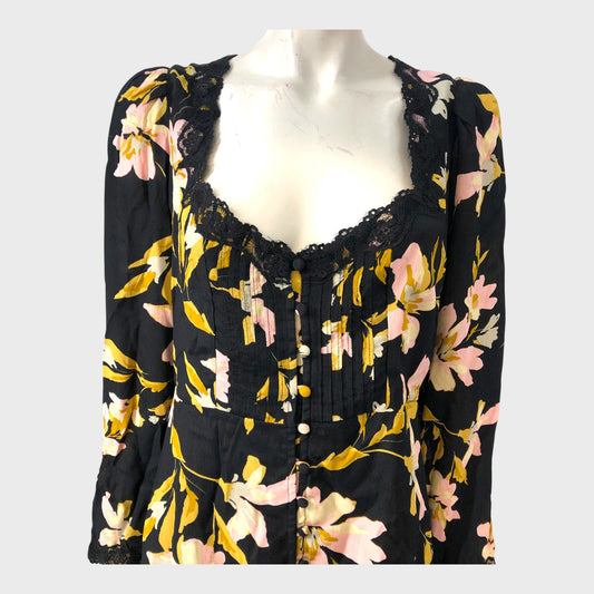 River Island Black Long Sleeve Floral Lace Trim Mini Dress UK 14