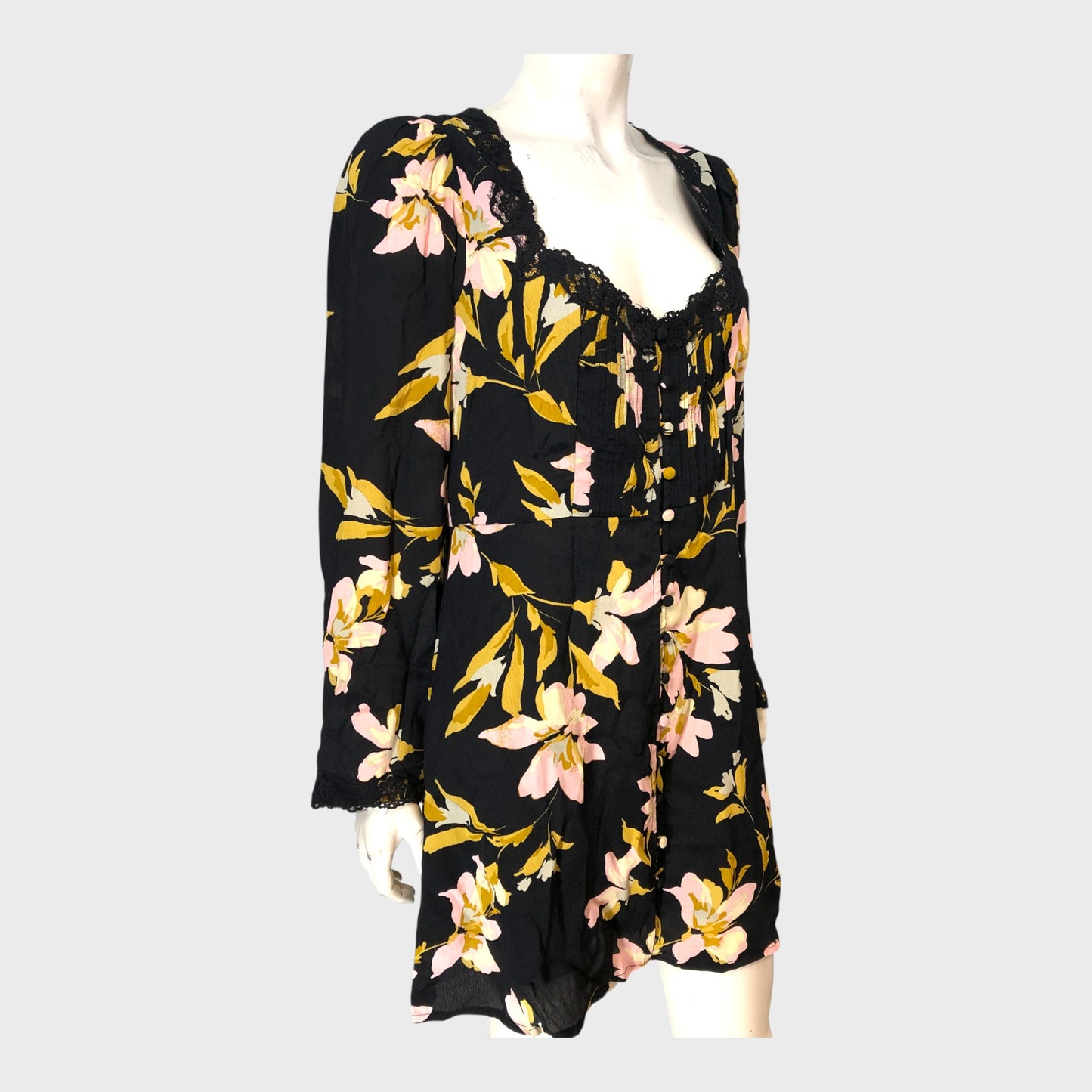 River Island Black Long Sleeve Floral Lace Trim Mini Dress UK 14