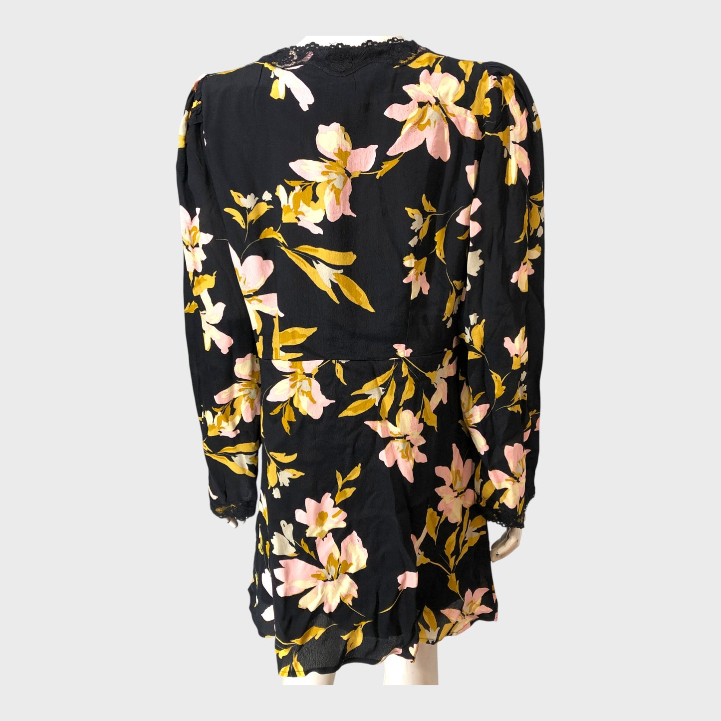 River Island Black Long Sleeve Floral Lace Trim Mini Dress UK 14