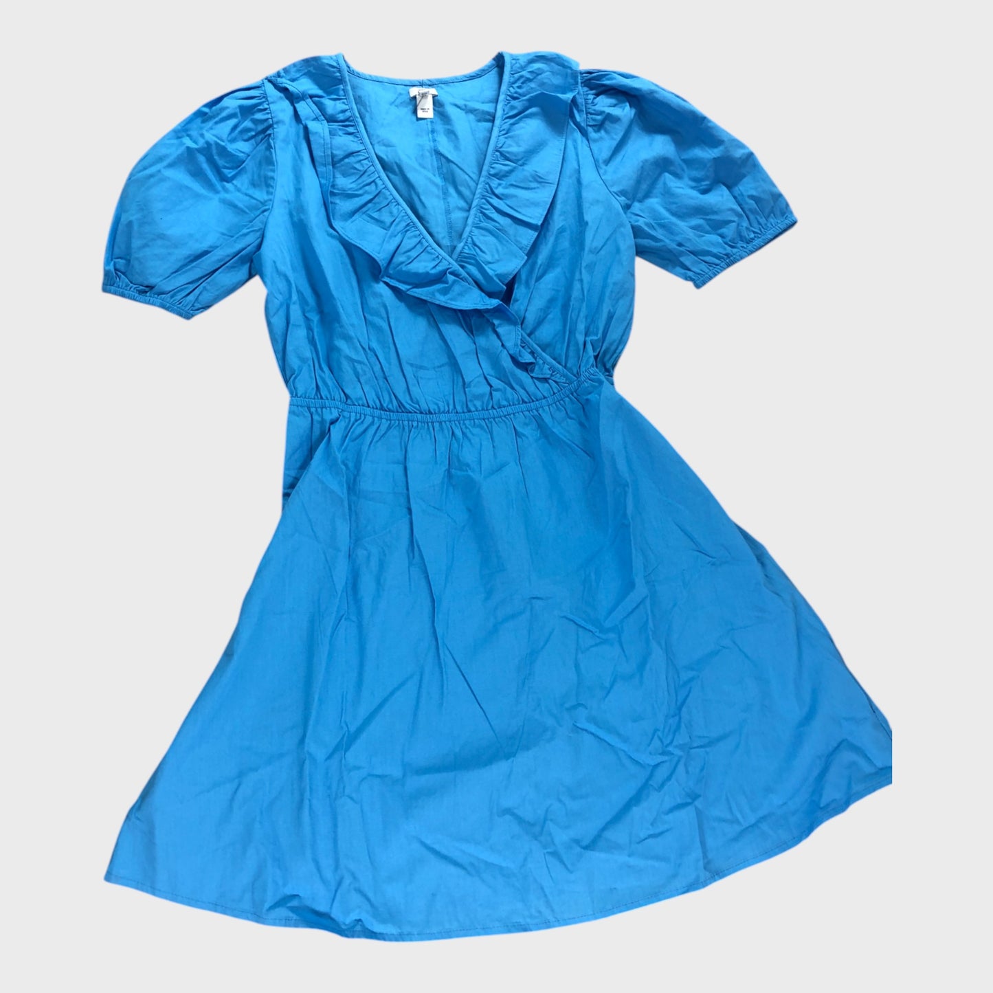RIVER ISLAND Blue Puff Sleeve Wrap Dress Women Knee Length Cotton Blend