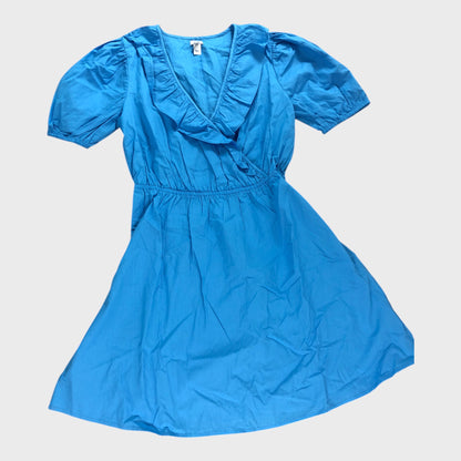 RIVER ISLAND Blue Puff Sleeve Wrap Dress Women Knee Length Cotton Blend
