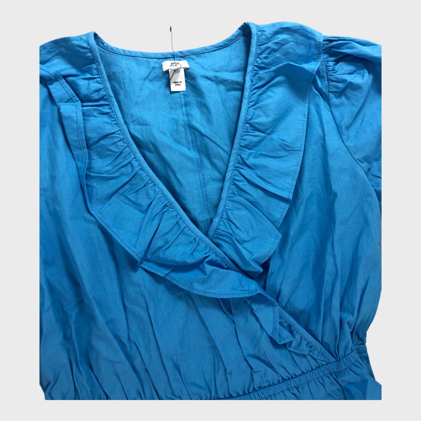RIVER ISLAND Blue Puff Sleeve Wrap Dress Women Knee Length Cotton Blend