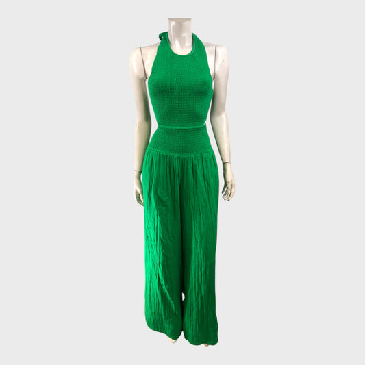 Branded Green Cheesecloth Shirred Jumpsuit