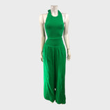 Branded Green Cheesecloth Shirred Jumpsuit