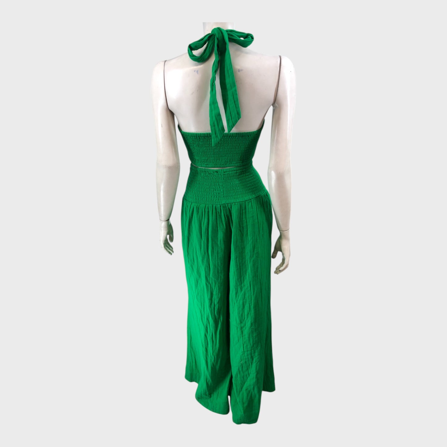 Branded Green Cheesecloth Shirred Jumpsuit