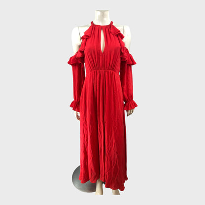 Branded Red Exposed Shoulder Dress - Size 8
