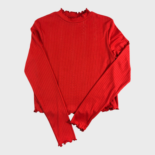 Women's Red Ribbed Long Sleeve Top Cotton Blend
