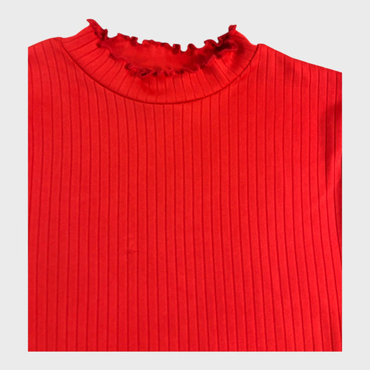 Women's Red Ribbed Long Sleeve Top Cotton Blend