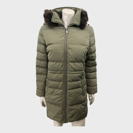 Green Padded Fur Trim Hooded Coat