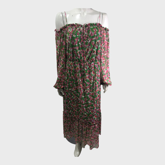 Green Floral Bardot Midi Dress