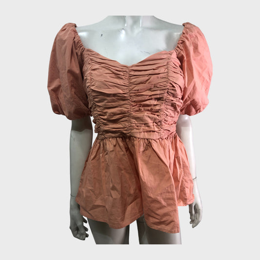 Coral Ruched Smocked Puff Sleeve Top