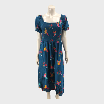 Jolene Midi Shirred Dress with Parrot Print