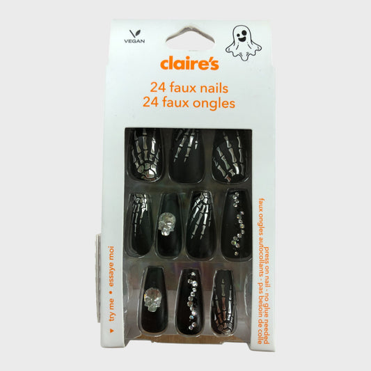 CLAIRE'S Vegan Press-On Nails Black Halloween Skeleton Design