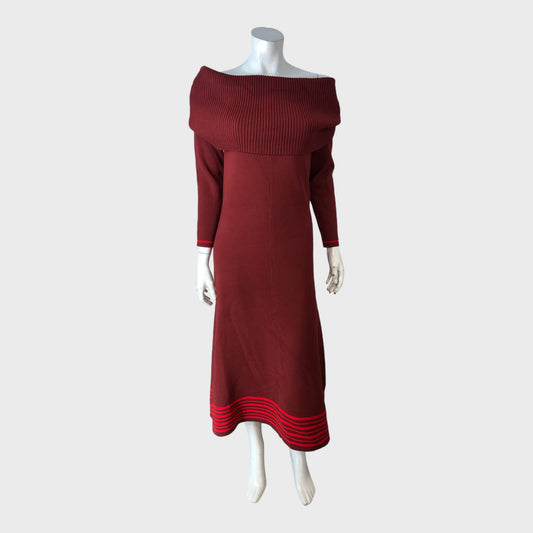 Stylish Red Off Shoulder Maxi Dress Women's Long Sleeve Knitted