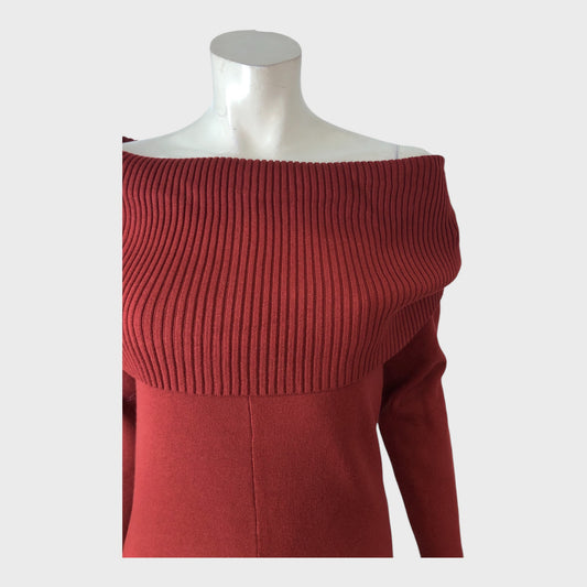 Stylish Red Off Shoulder Maxi Dress Women's Long Sleeve Knitted