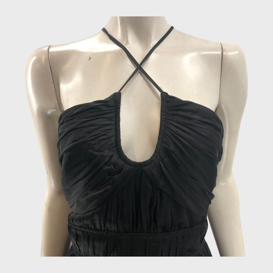 Black Branded Ruched Bust Satin Maxi Dress