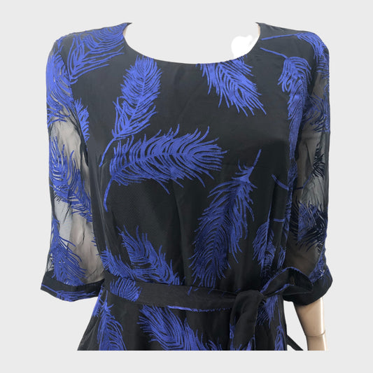 Blue Feather Print Midi Dress