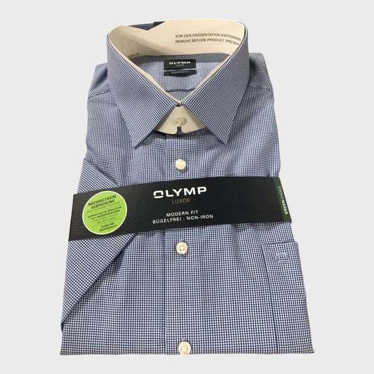 Olymp Luxor Blue Gingham Short Sleeved Shirt - Size 3XL