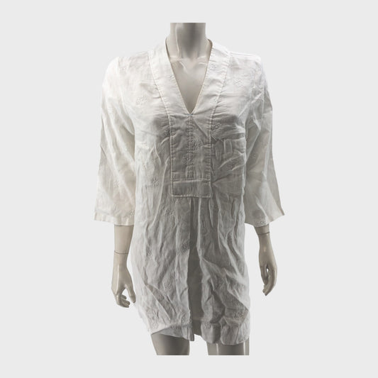 White Branded Linen Embroidered Tunic