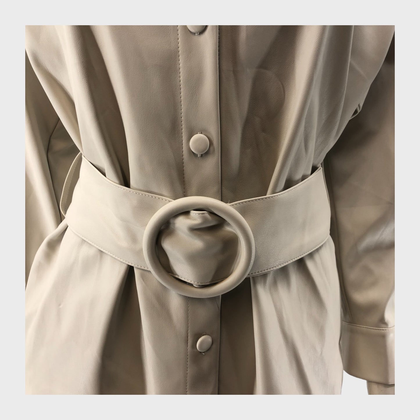 Beige Faux Leather Belted Shirt Dress