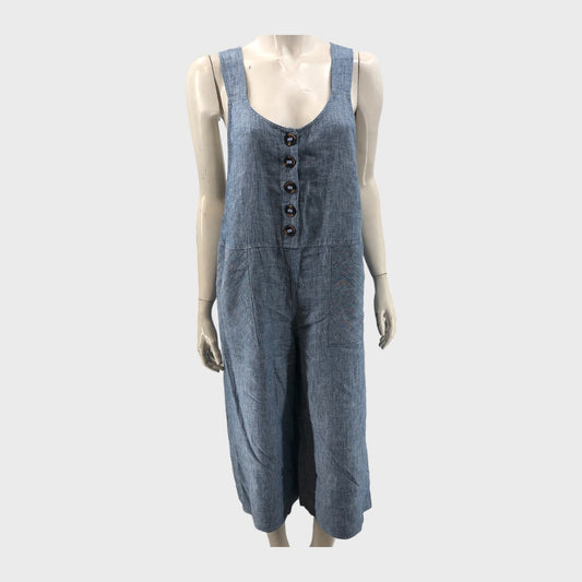 Blue Branded Cropped Linen Dungarees