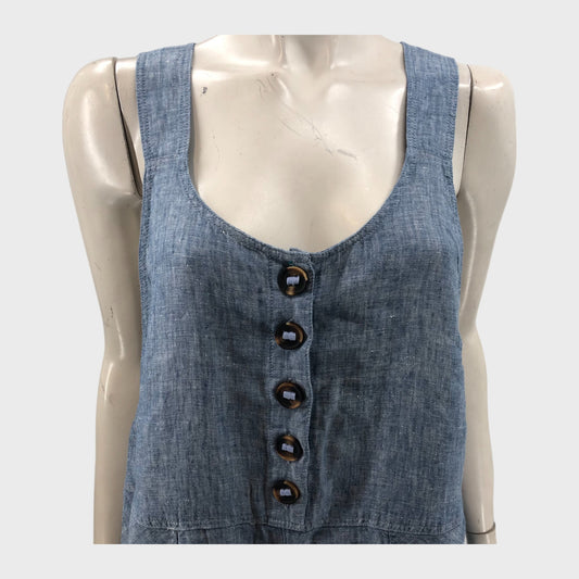Blue Branded Cropped Linen Dungarees