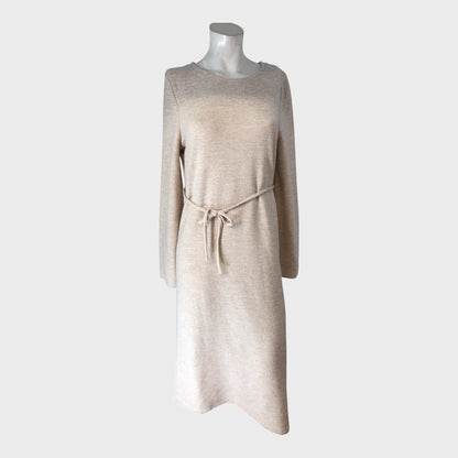 Branded Beige Belted Midi Dress Women's Long Sleeve Round Neck