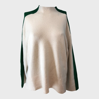 Branded Women's Jumper High Neck Green White Long Sleeve Pullover