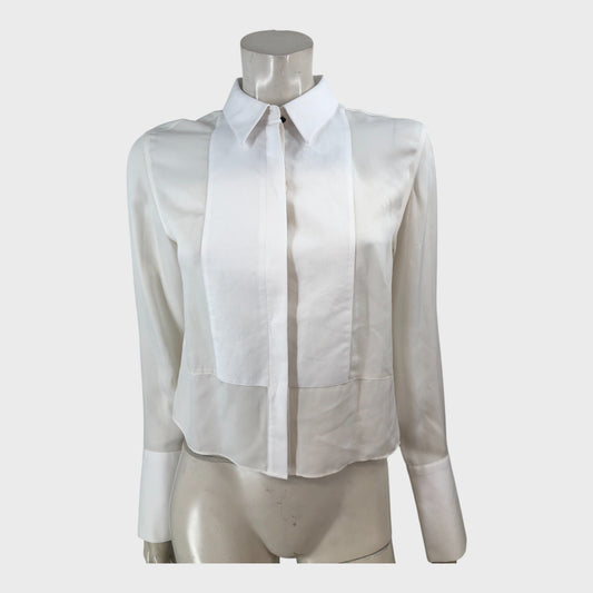 Branded Soft White Silk Crop Tux Shirt - UK8