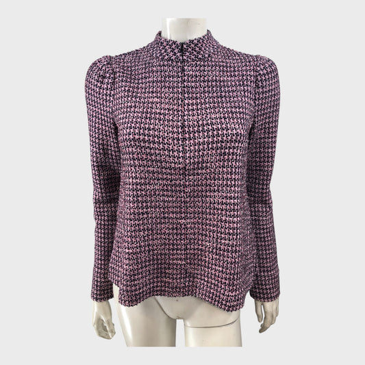 Branded  Purple Houndstooth Tweed High Neck Top - UK8