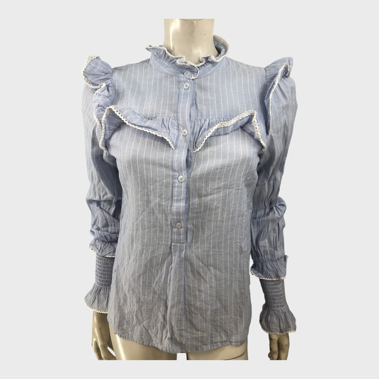 Branded Blue Cotton Voile Strip Long Sleeve Top - UK8