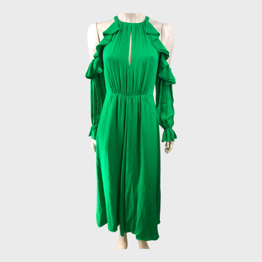 Branded Leaf Green Silk Exposed Shoulder Maxi Dress - UK8