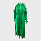 Branded Leaf Green Silk Exposed Shoulder Maxi Dress - UK8