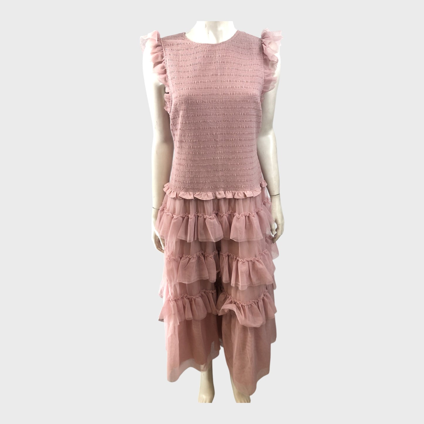 Branded Pink Ruffle-trim tiered-hem woven maxi dress - UK14