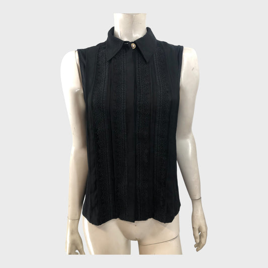 Branded Black Frilled Sleeveless Top - UK8