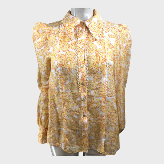 Branded Yellow Silk-linen Lace Print Balloon Sleeve Blouse - UK8