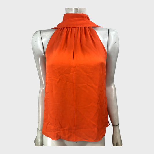 Branded Orange Silk Pussybow Halter Neck Top - UK8