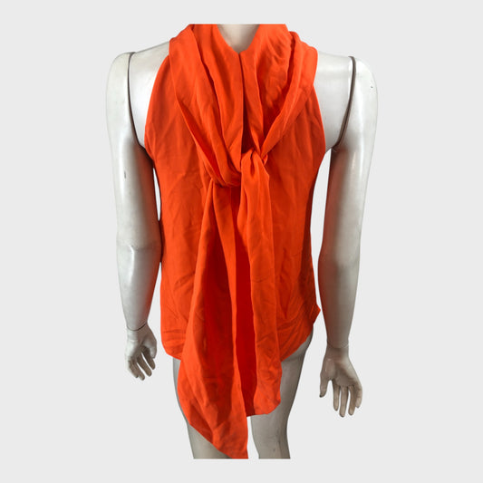 Branded Orange Silk Pussybow Halter Neck Top - UK8