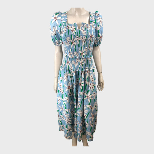 Branded Green/Blue Cotton Sateen Snowdrop Print Maxi Dress - UK8