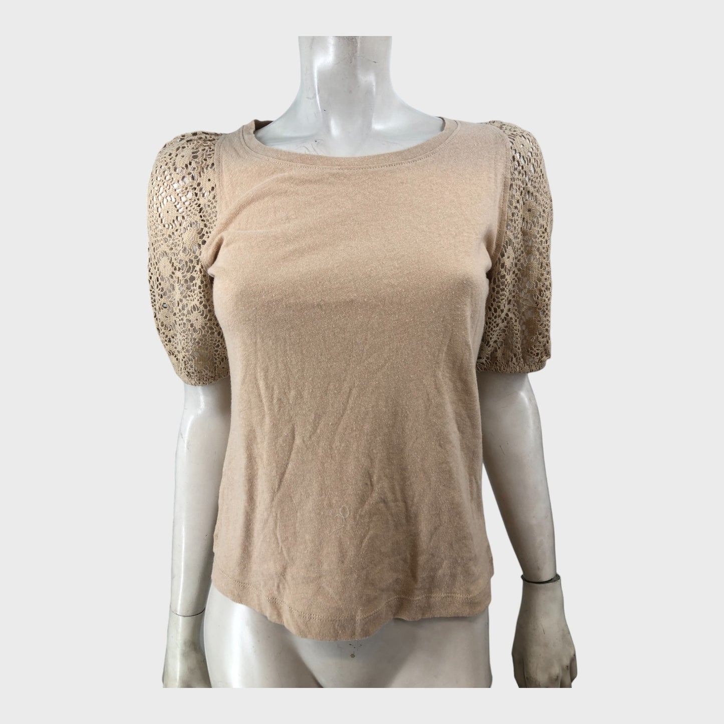 Branded Mocha Crochet Sleeve Top - UK8