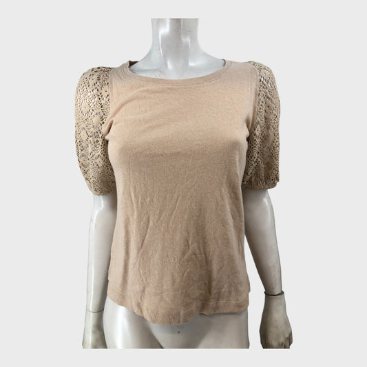 Branded Mocha Crochet Sleeve Top - UK8