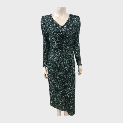 Branded Green Sequin Ruched Midi Dress